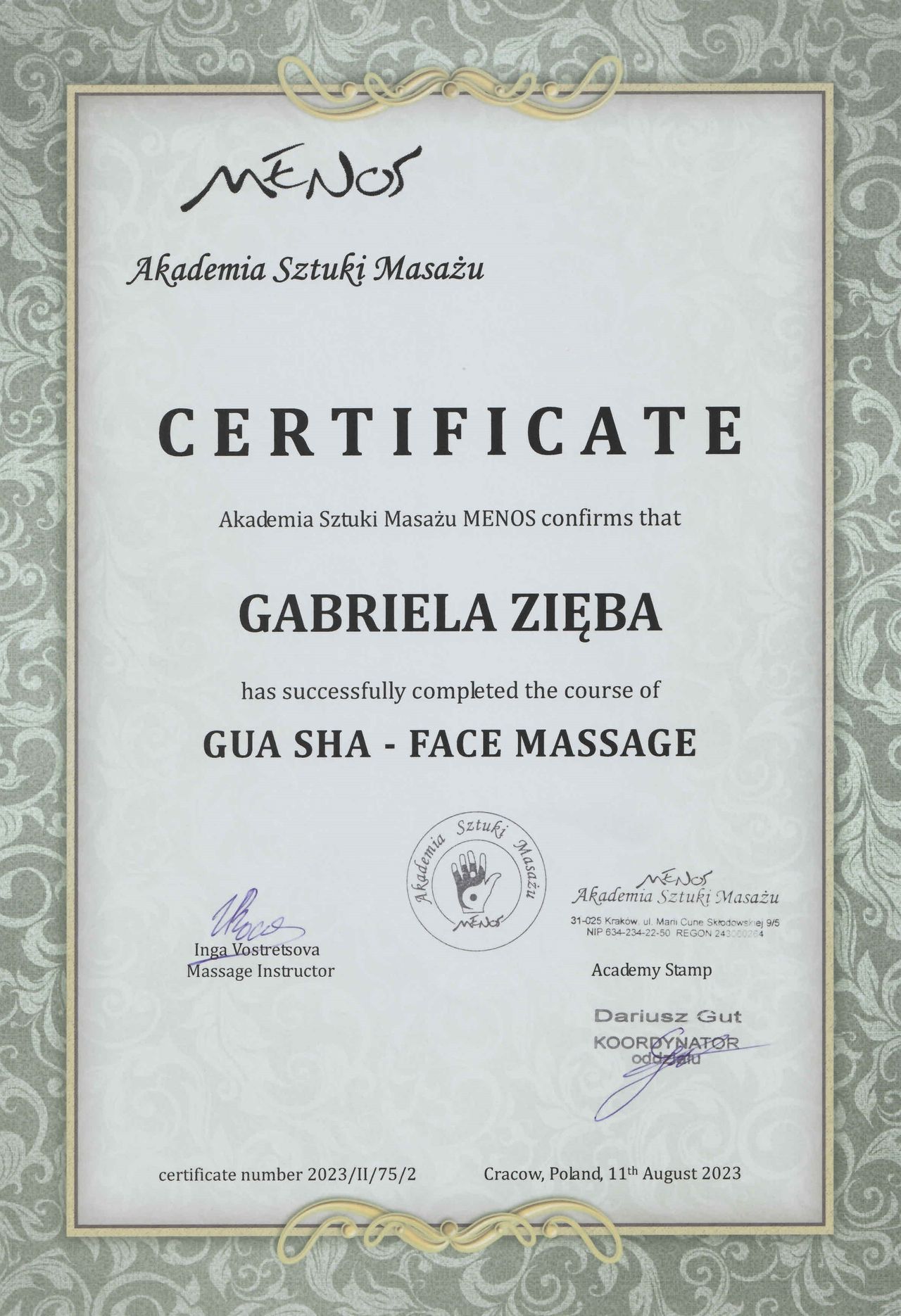 Certyfikat: Gua Sha — face massage