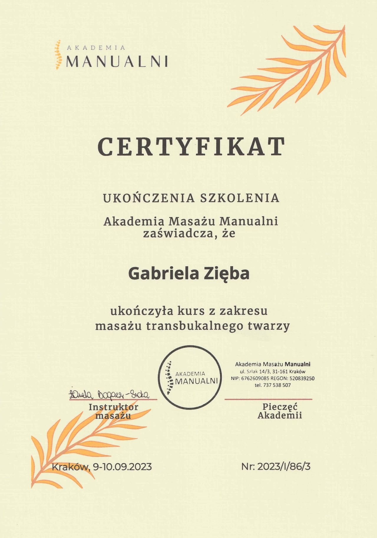 Certyfikat: Masaż transbukalny twarzy
