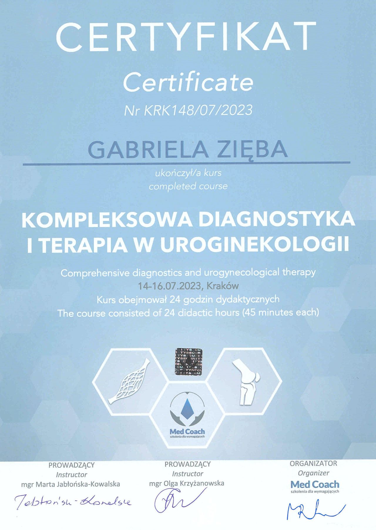 Certyfikat: Diagnostyka i terapia w uroginekologii