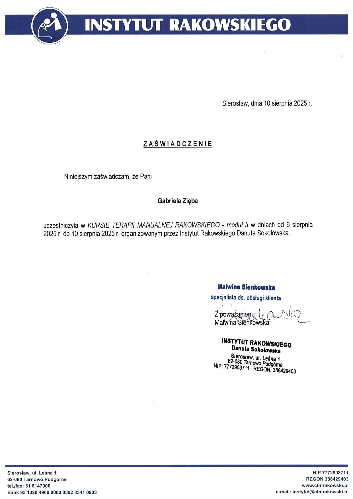 Certyfikat: Kurs Terapii Manualnej Rakowskiego — moduł II