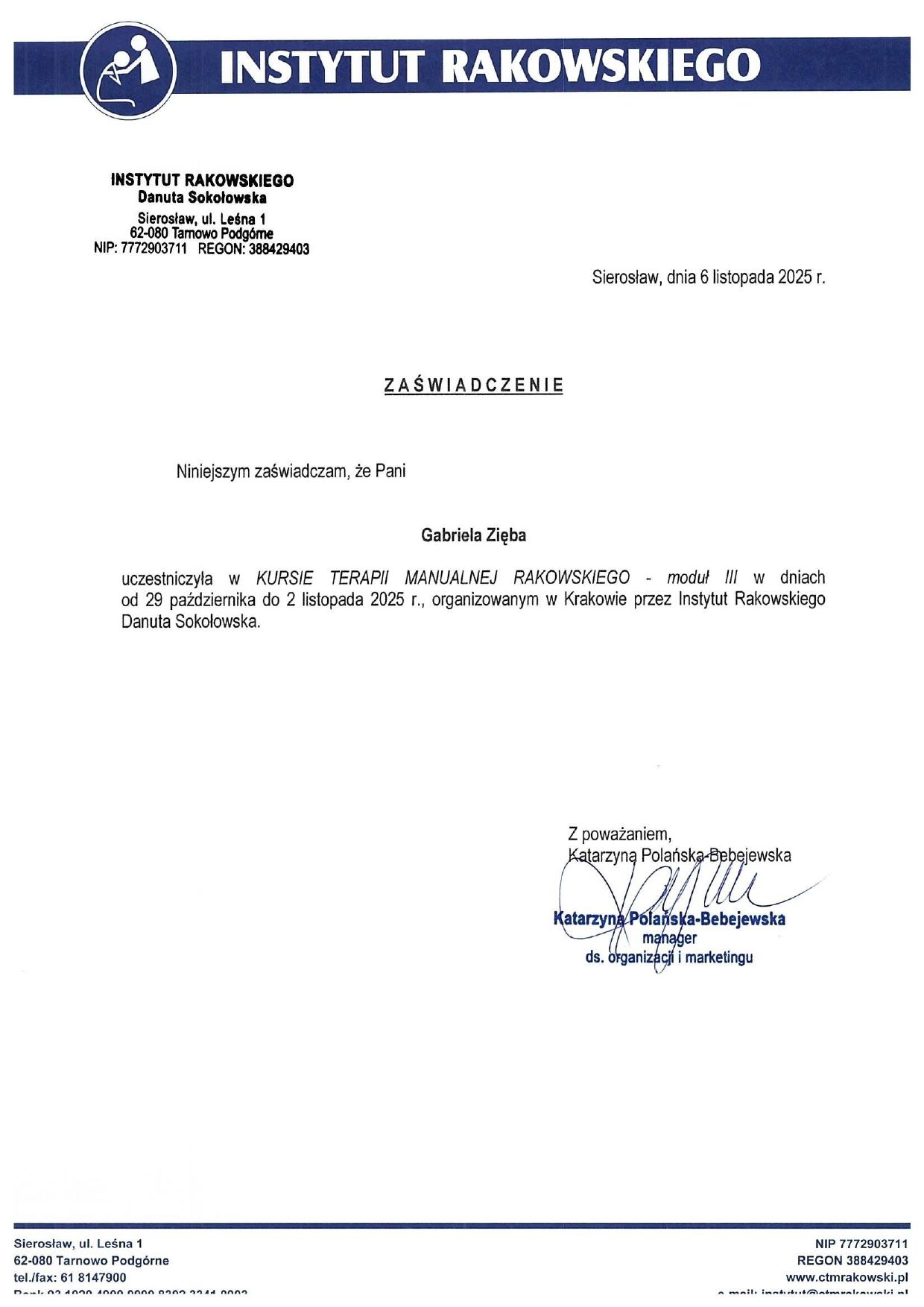 Certyfikat: Kurs Terapii Manualnej Rakowskiego — moduł III